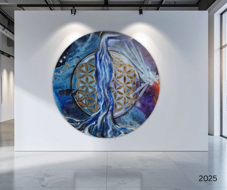 Rundes Kunstwerk in Blau- und Violetttönen mit goldener, labyrinthartiger Struktur an einer weißen Wand in einer modernen Galerie, beleuchtet von zwei Spots.
